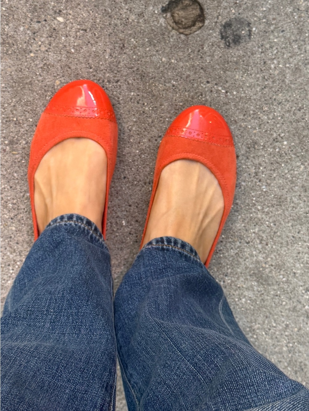 Cole Haan Orange Suede and Patent Cap-Toe Ballet Flats